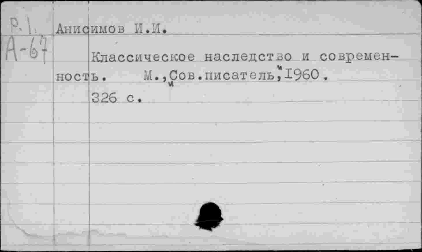 ﻿*	1 с \	Анис	имов И.И.
	Н0С1	Классическое наследство и современ-ь.	М.,Сов.писатель,1960 .
		ц 326 с.
		
		
		
		
		
		
		
		